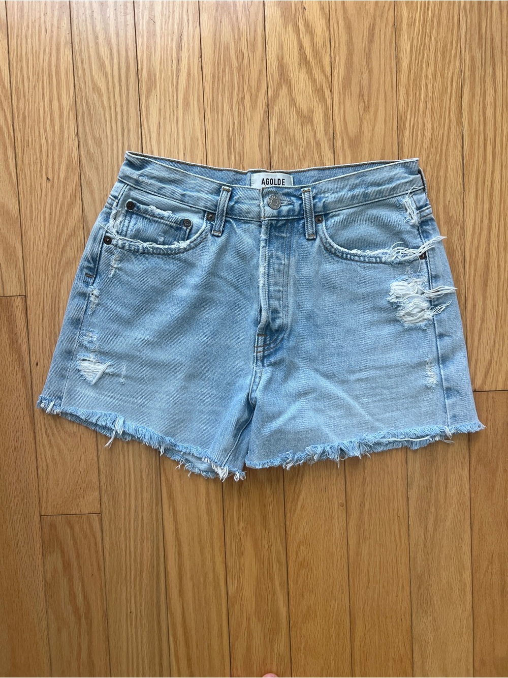 Agolde Light Blue Distressed Denim Cutoff Shorts